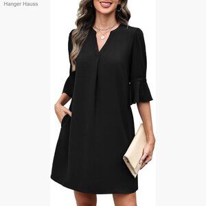 V-Neck Ruffle Sleeve Shift Dress Loose Fit Midi Summer Office Casual